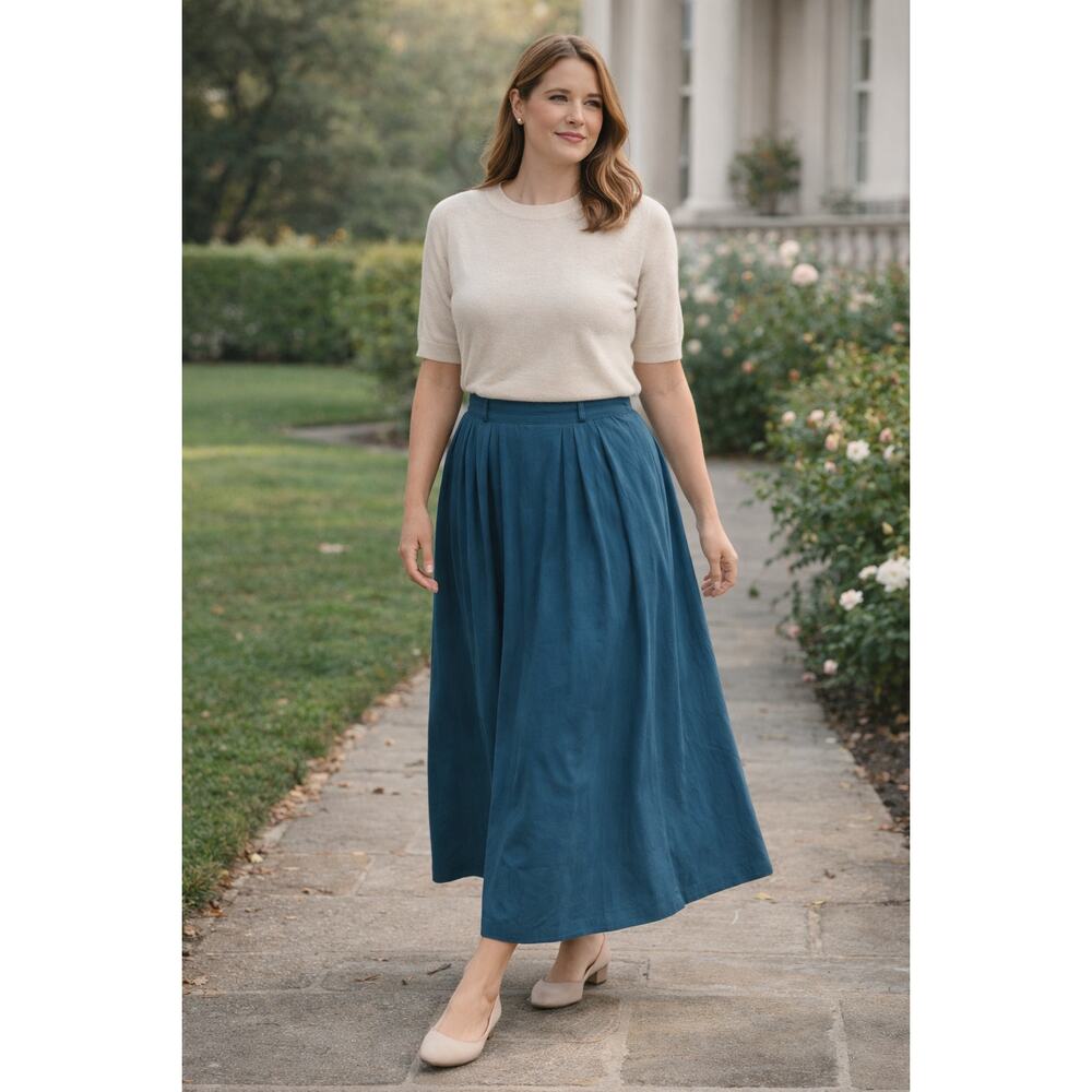 Vintage 80s Worthington Teal Maxi Skirt Tall 14 Pleated Modest Full Skirt Green